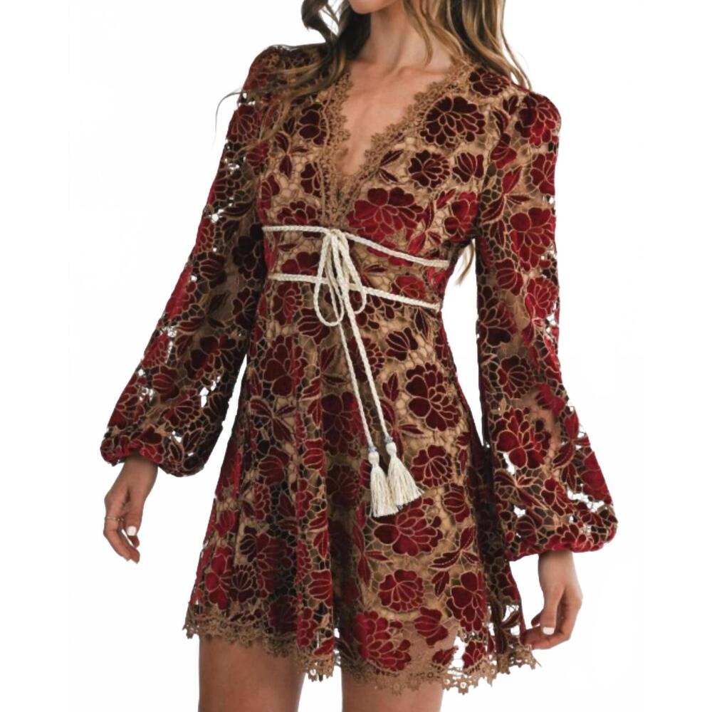 NEW ENDLESS BLU. velvet embroidered lace dress in burgundy